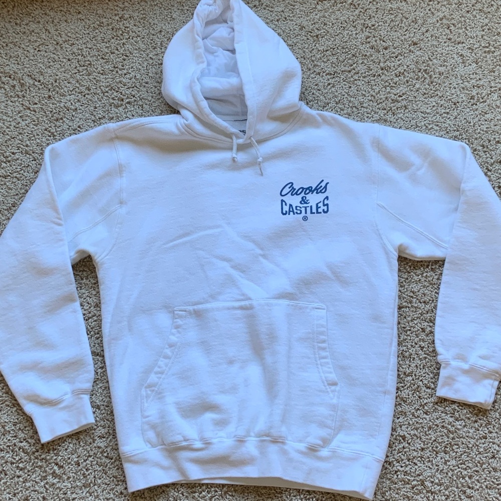 Crooks & Castles White Hoodie with Blue Logo, Mens Small
